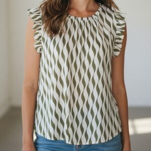 Nwt Elegant Olive and White Wave Flowy Ruffle Pattern Blouse Xl